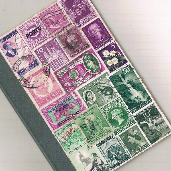 Heather, A6 Notebook - upcycled vintage world postage stamp collage, mail art