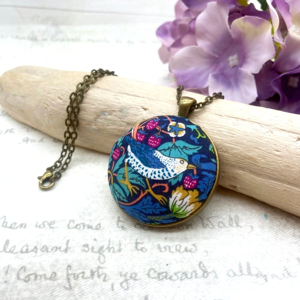 Bird Liberty print William Morris strawberry thief fabric button pendant