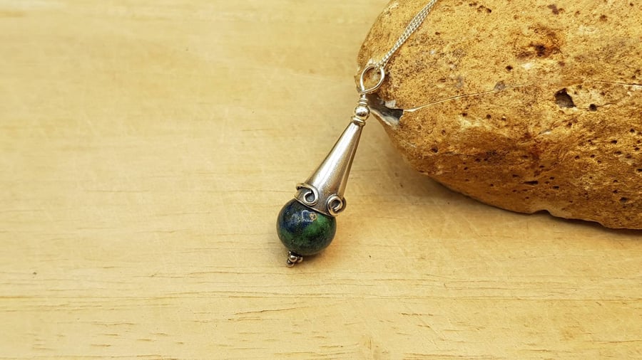 Rare Azurite cone pendant necklace. Blue green stone