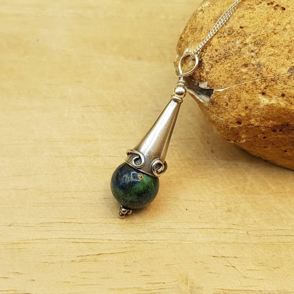 Rare Azurite cone pendant necklace. Blue green stone