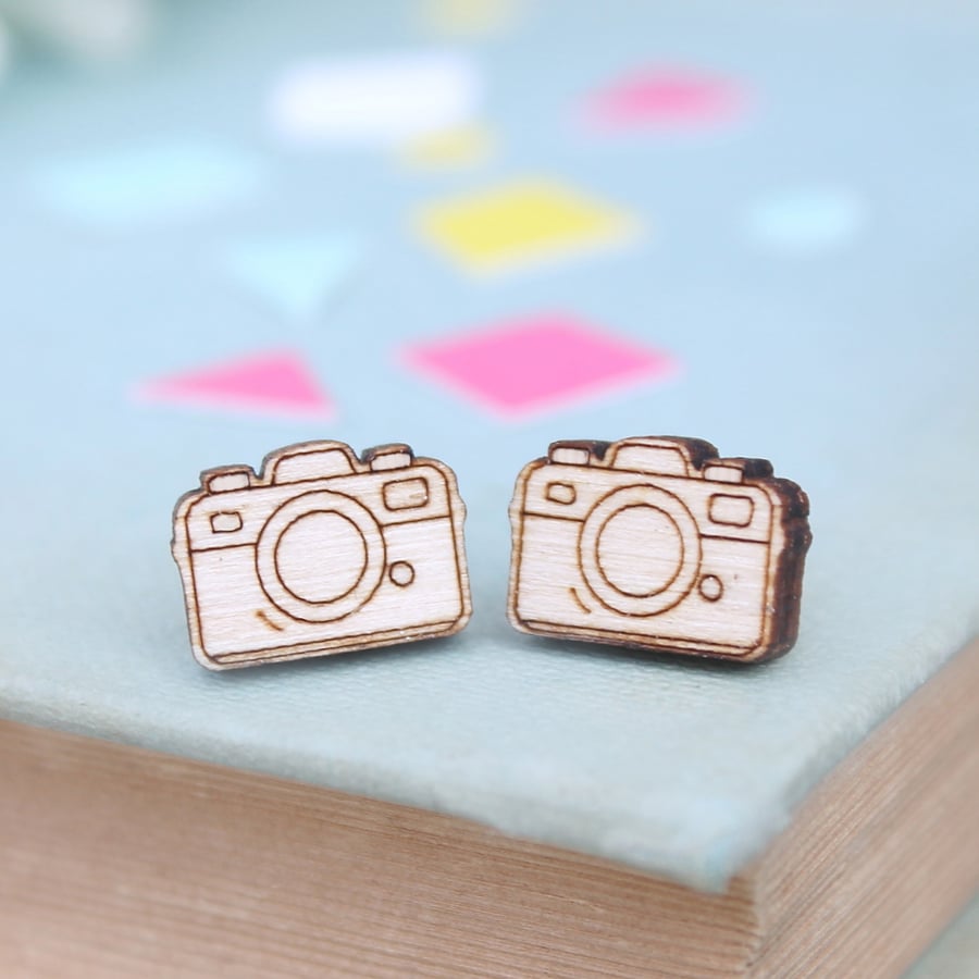 Wooden Camera Stud Earrings