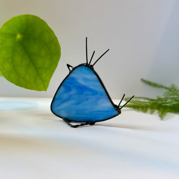 Streaky blue stained glass bird ornament with funky hair, Bird with Attitude