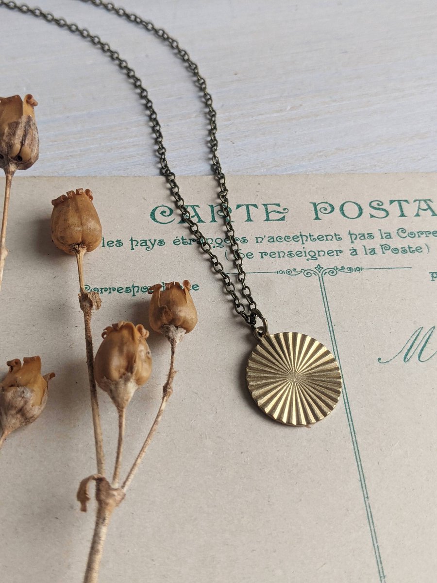 Little Coin necklace - sunburst circle in raw brass - charm jewellery
