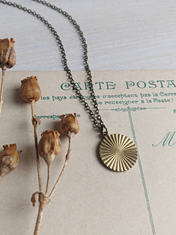 Little Coin necklace - sunburst circle in raw brass - charm jewellery