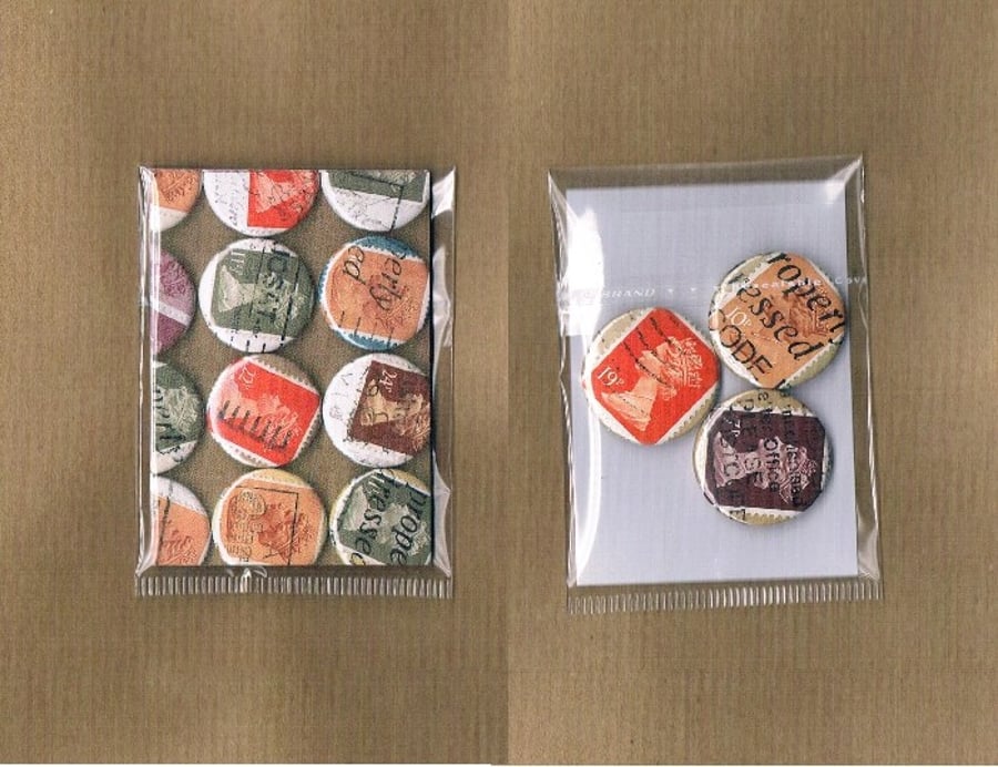 3 x ORANGE & BROWNS - Upcycled vintage Machin postage stamp badge, mini notecard