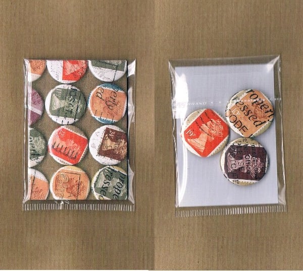 3 x ORANGE & BROWNS - Upcycled vintage Machin postage stamp badge, mini notecard