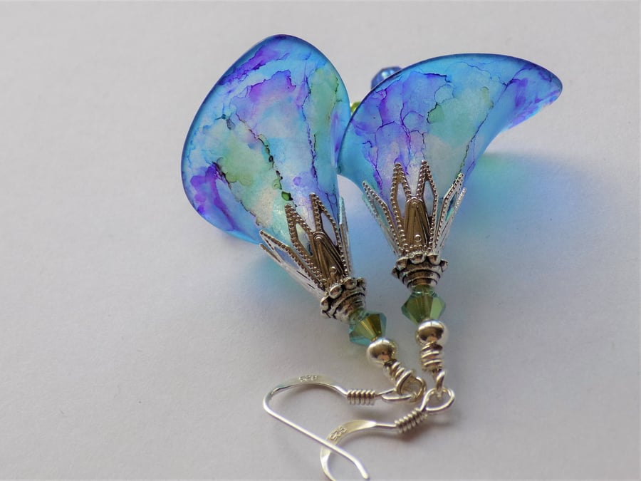 Blue Purple Green "IRISES" Hand Painted Lucite Flower Earrings