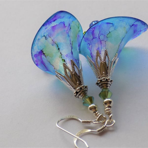 Blue Purple Green "IRISES" Hand Painted Lucite Flower Earrings