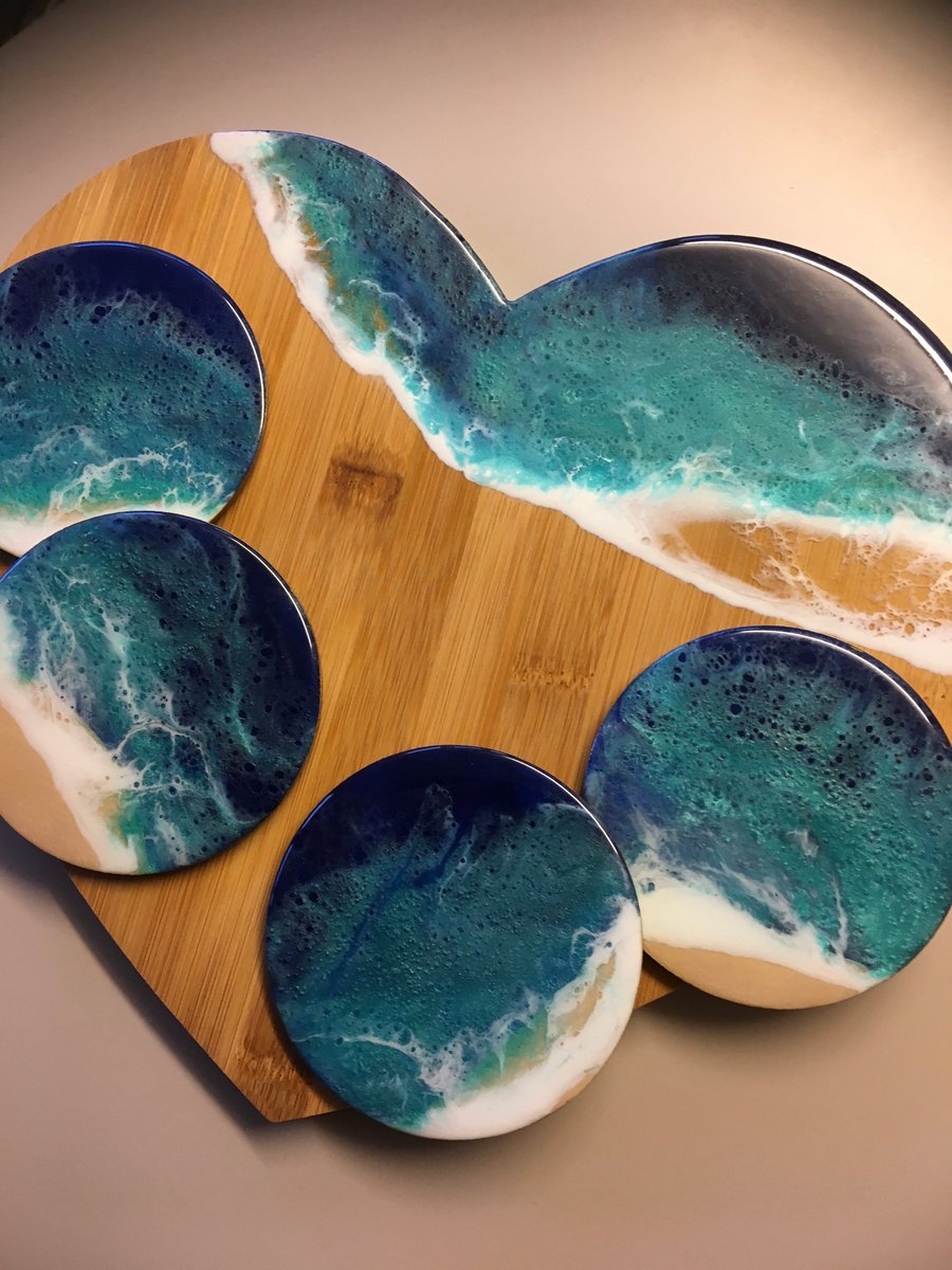 Heart shaped serving board, ocean, resin, coasters set
