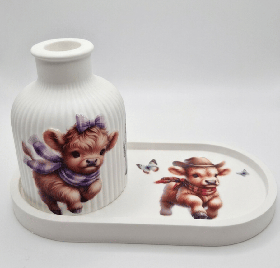 Highland Cow Vase & Tray Set - Scottish Sunflower Home Decor - Handmade Gift