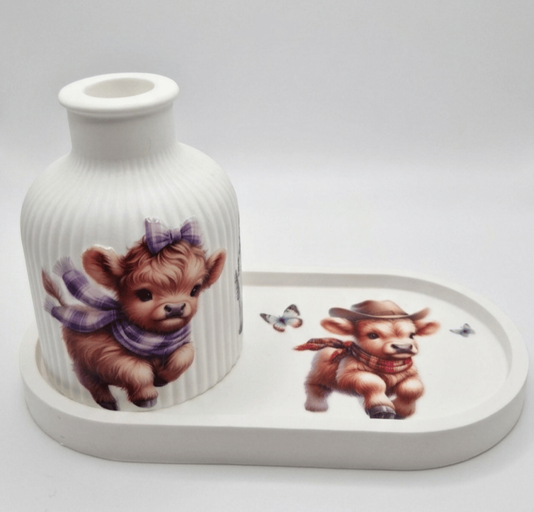 Highland Cow Vase & Tray Set - Scottish Sunflower Home Decor - Handmade Gift