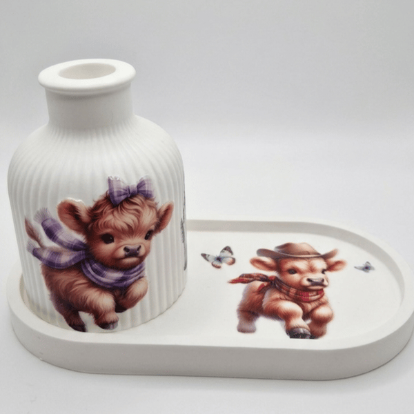 Highland Cow Vase & Tray Set - Scottish Sunflower Home Decor - Handmade Gift