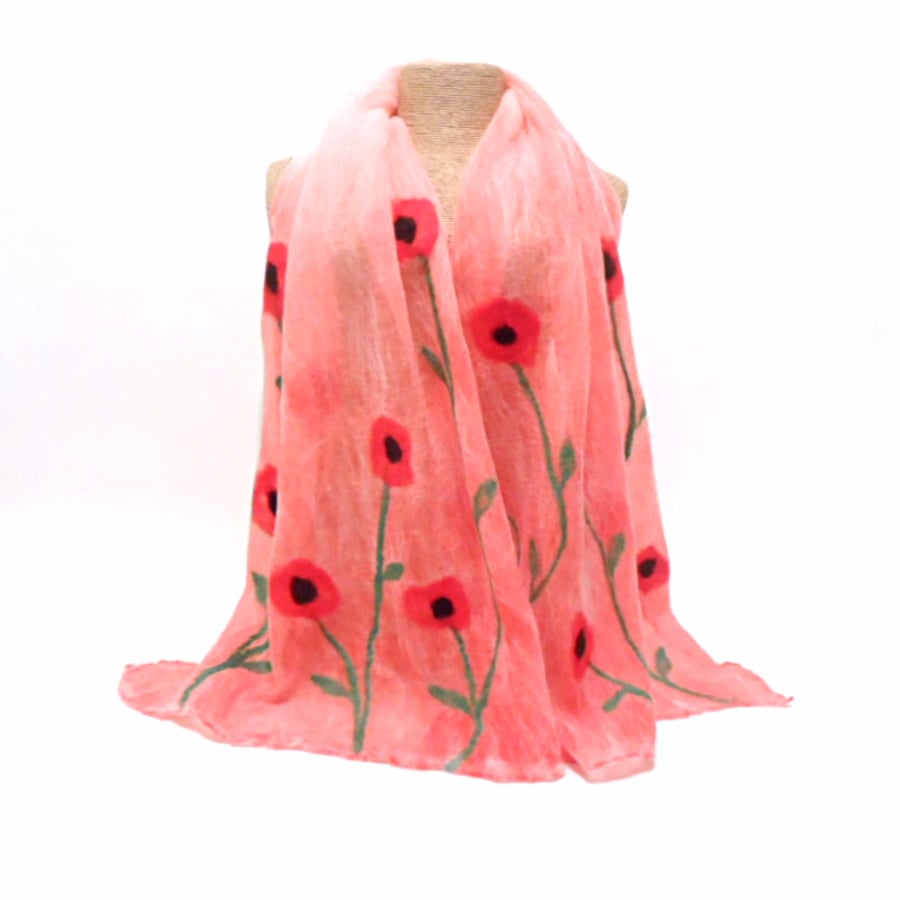 Red and white nuno felted poppy scarf