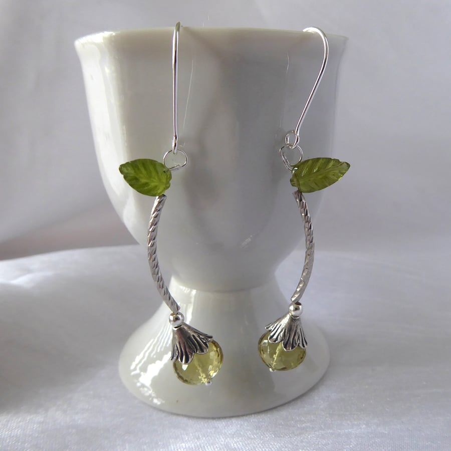 Lime Blossom Flower Bud Earrings with Vesuvianite Leaf, Sterling & Fine Silver