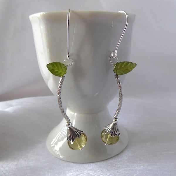 Lime Blossom Flower Bud Earrings with Vesuvianite Leaf, Sterling & Fine Silver