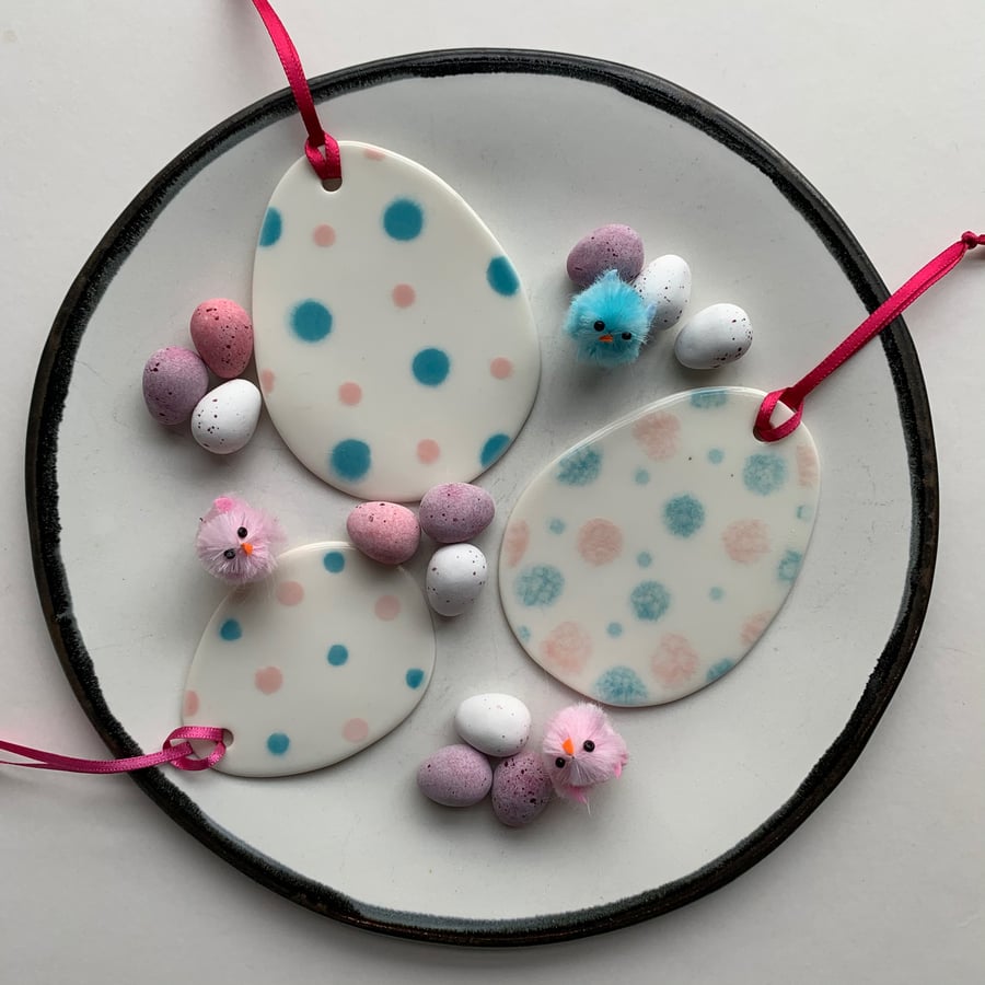 Easter Egg Porcelain Hanging Decoration - White with Blue, Pink, Yellow dots