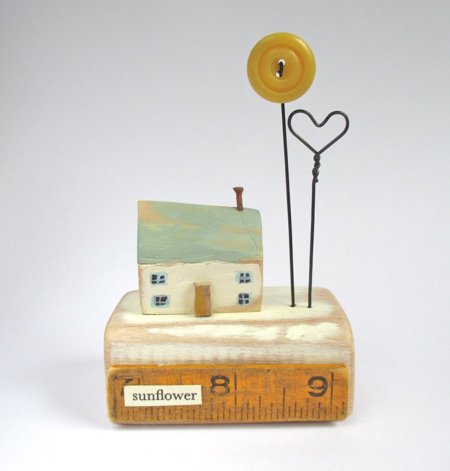 Wooden Painted House with Button Flower - sunflower