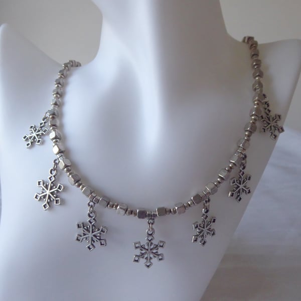 Metal Cube and Rondelle Beaded Necklace with Seven Dangling Snowflakes  