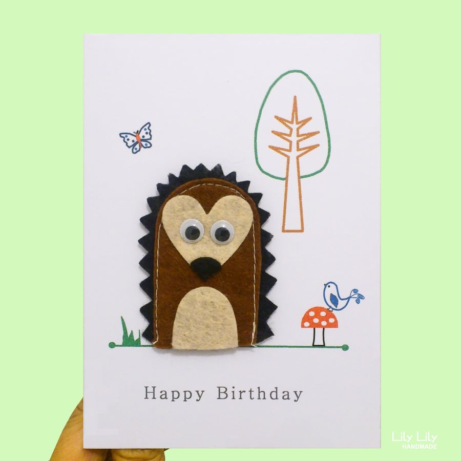 Finger puppet birthday card, woodland animals, Hedgehog