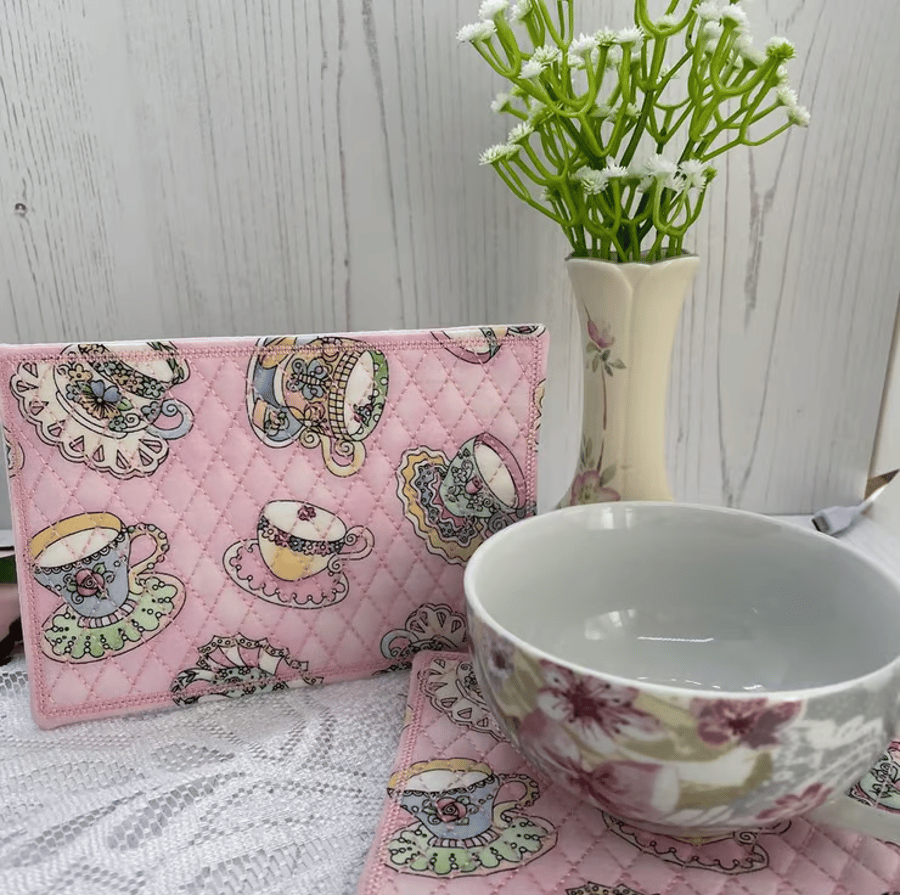 Tea Room - Coaster, Mug Rug, Pink Teacups by Carolee Crafts PB3 0020