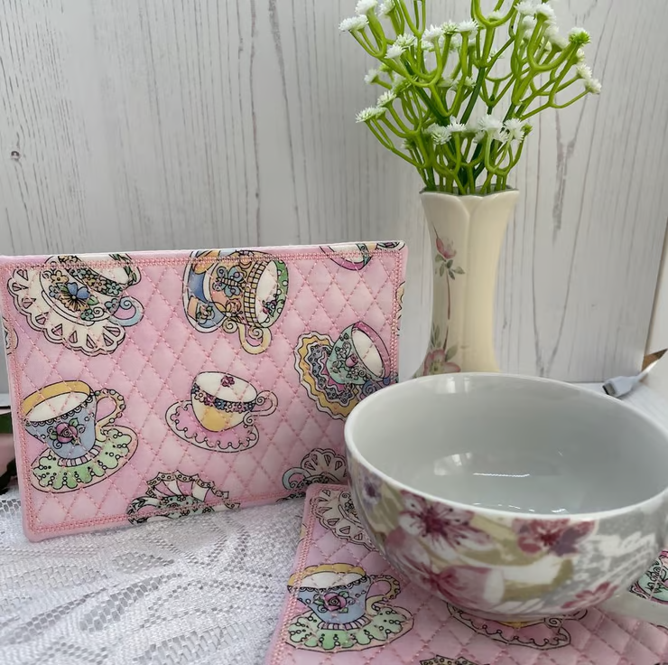 Tea Room - Coaster, Mug Rug, Pink Teacups by Carolee Crafts PB3 0020