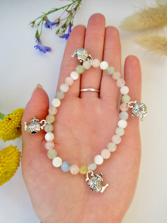 'Tea Time' whimsical teapot charm and pastel gemstone bead bracelet