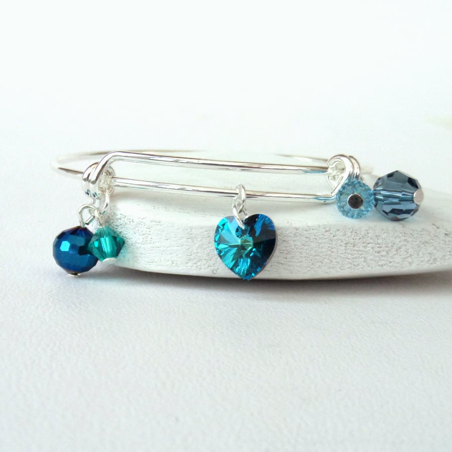 Blue green crystal bangle bracelet, with crystal heart  element by Swarovski®