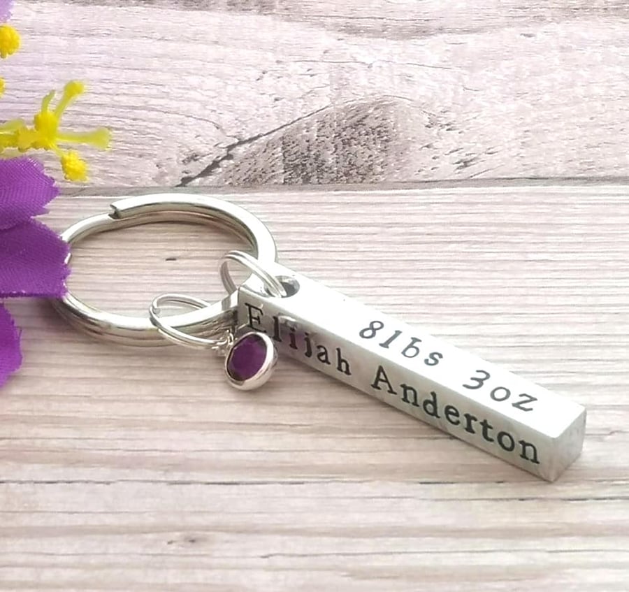 Personalised New Baby Birth Details Keyring With Birthstone Crystal