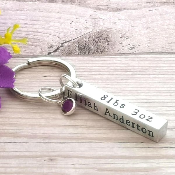 Personalised New Baby Birth Details Keyring With Birthstone Crystal