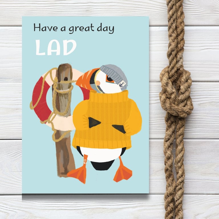 Greeting card male relative friend- cute puffin card illustration