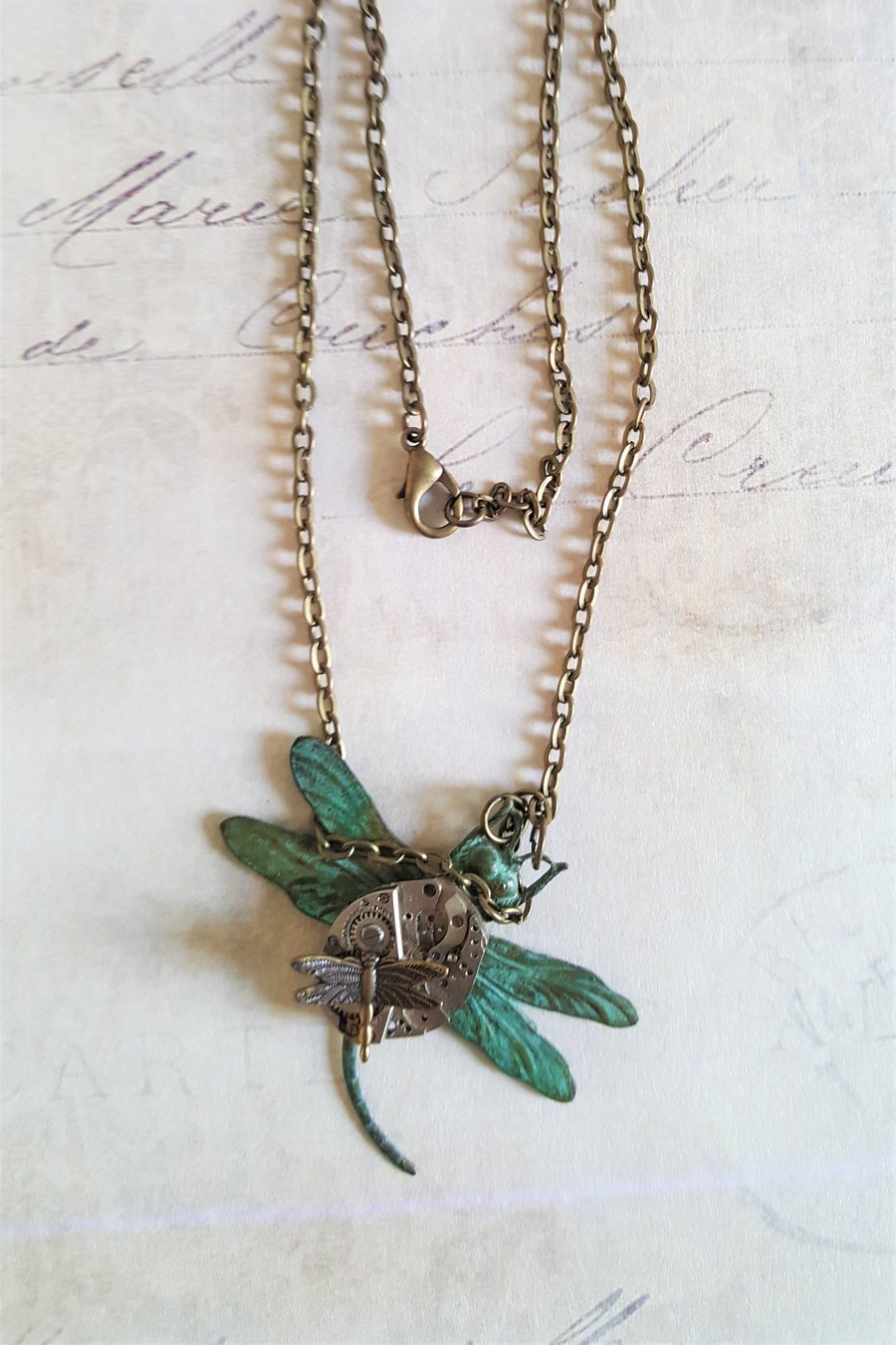 Steampunk Necklace Dragonfly Watch Movement Time Flies