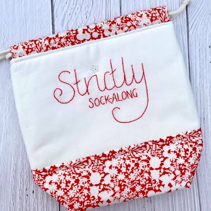 'Strictly Sock-Along' Project Bag with Hand Embroidery - Bright Red
