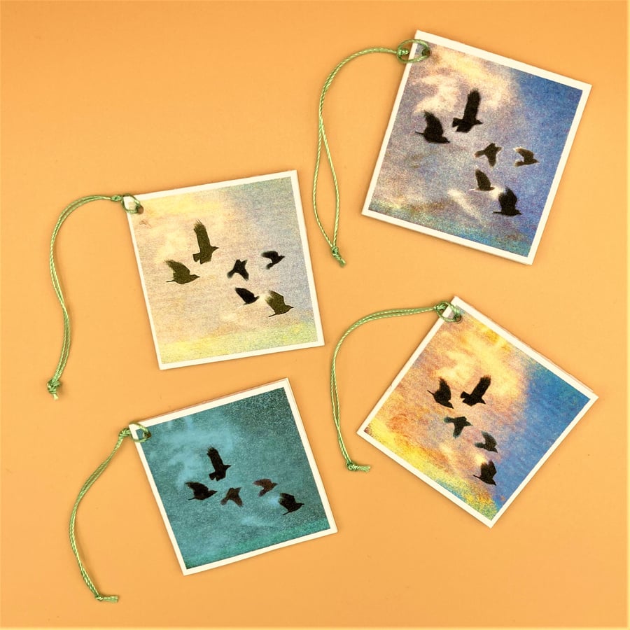 Pack of 4 Blank Gift Tags, 4 colour variants, Crows Flying in Evening Sky.