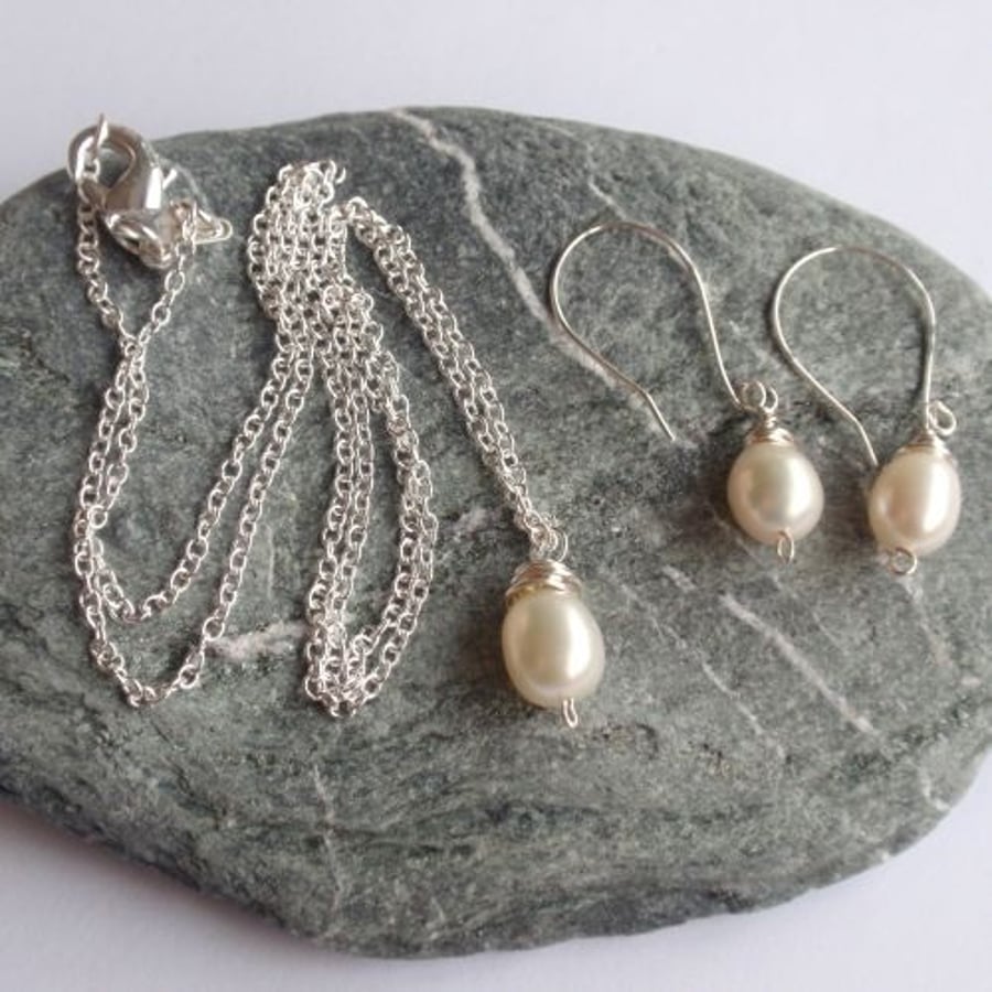 Wire wrap silver pearl necklace & earrings jewellery set, bride bridesmaids gift