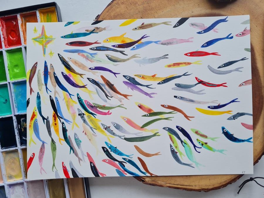 Original colourful fish shoal watercolour painting