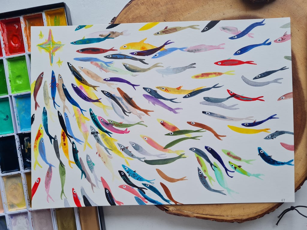 Original colourful fish shoal watercolour painting