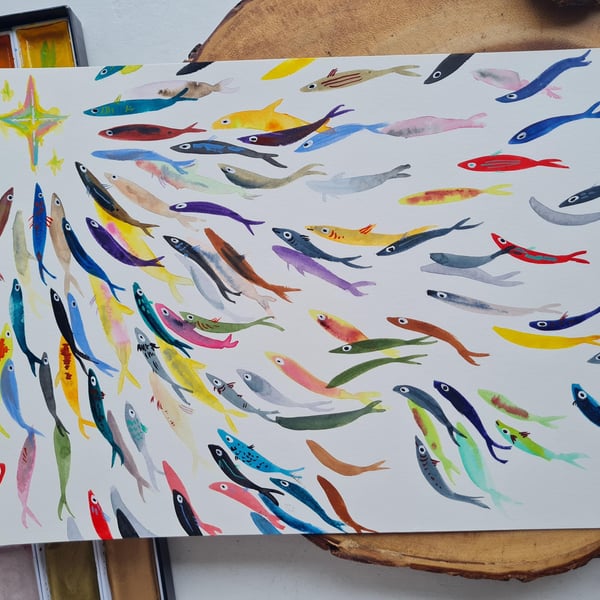 Original colourful fish shoal watercolour painting