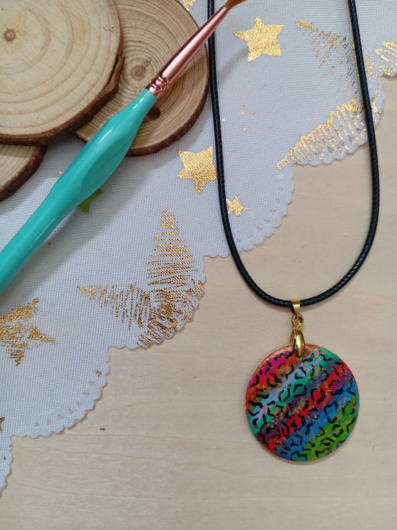 Rainbow leopard print hand painted wooden necklace