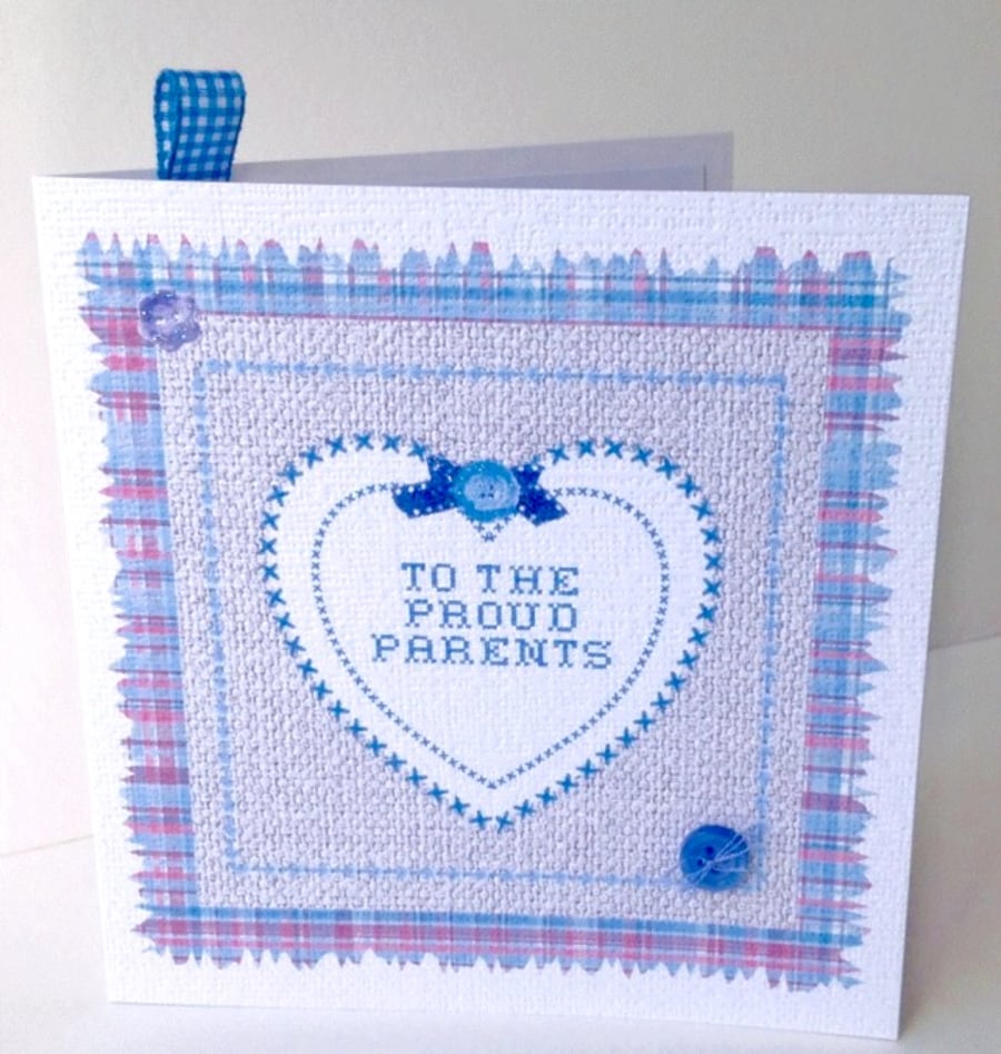 SALE Proud Parents Baby Card, Blue,Handmade Card,Personalised