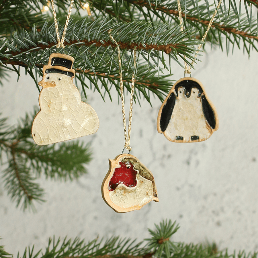 Set of 3 Handmade Ceramic Christmas Decorations – Penguin, Robin & Snowman