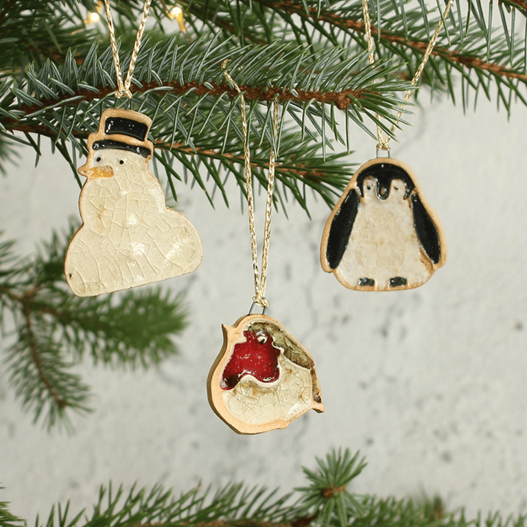 Set of 3 Handmade Ceramic Christmas Decorations – Penguin, Robin & Snowman