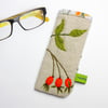 Oatmeal linen glasses case with hand embroidered rose hip