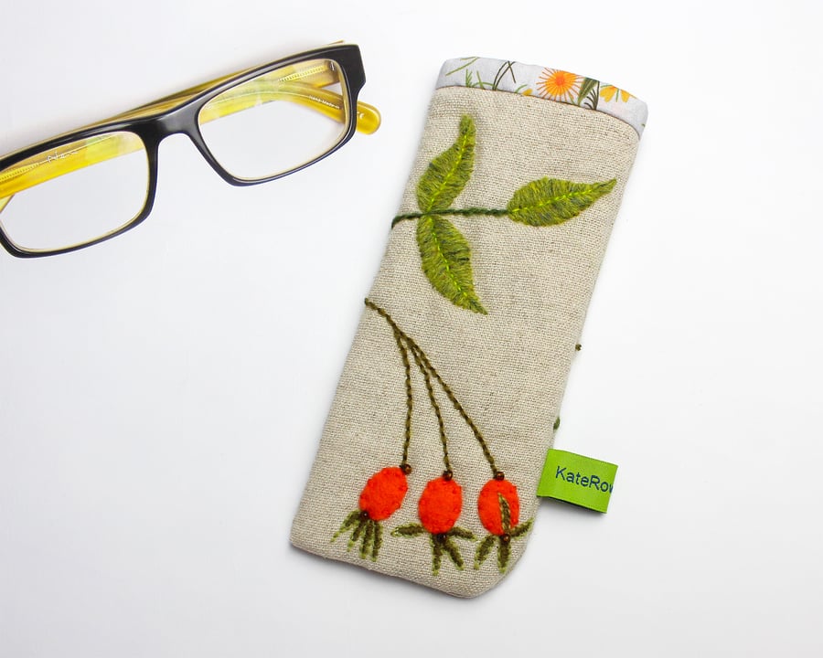 Oatmeal linen glasses case with hand embroidered rose hip