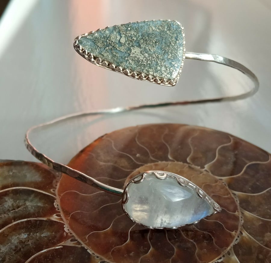 Handcrafted Sterling Silver 925 Cuff Bangle with Moonstone & Marcasite Gemstones