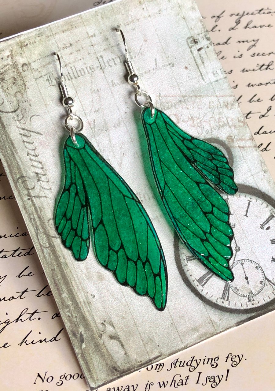 Emerald Green Double Fairy Wing Earrings Sterling Silver