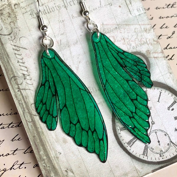 Emerald Green Double Fairy Wing Earrings Sterling Silver