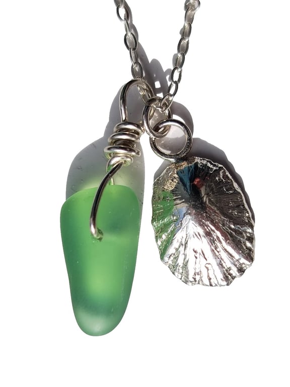 Fine Silver Limpet Seashell and Lime Seaglass Charms on Silver .925 Necklace