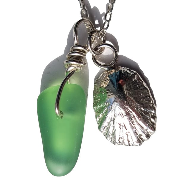 Fine Silver Limpet Seashell and Lime Seaglass Charms on Silver .925 Necklace