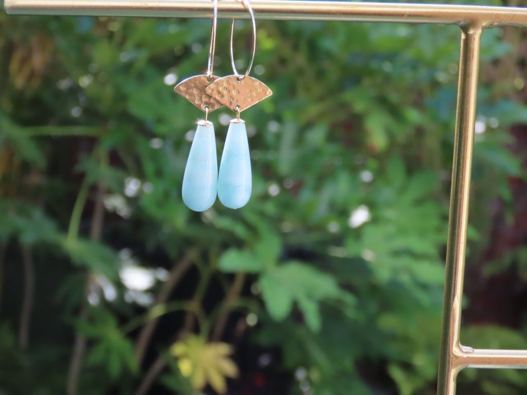 Amazonite Statement Earrings Long Drops Gold Detail on Gold Hoops Summer Dangles