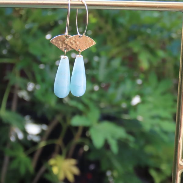 Amazonite Statement Earrings Long Drops Gold Detail on Gold Hoops Summer Dangles
